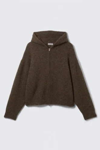 Knitted Boxy Wool-Blend Zip Hoodie – Dark Brown Melange