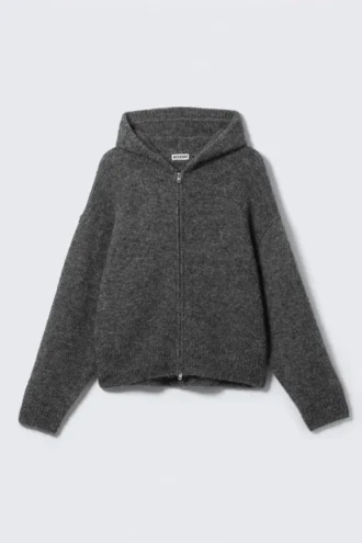 Knitted Boxy Wool-Blend Zip Hoodie – Dark Grey