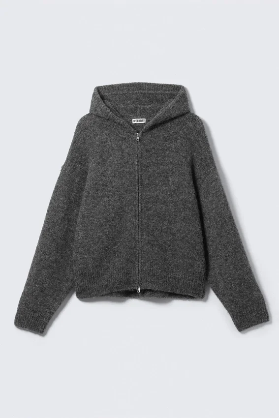 Knitted Boxy Wool-Blend Zip Hoodie – Dark Grey Knitted Boxy Wool-Blend Zip Hoodie – Dark Grey