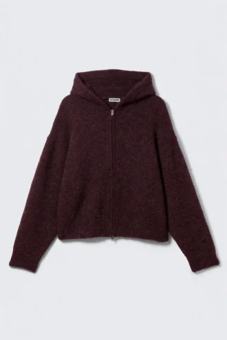 Knitted Boxy Wool-Blend Zip Hoodie – Dark Red Melange