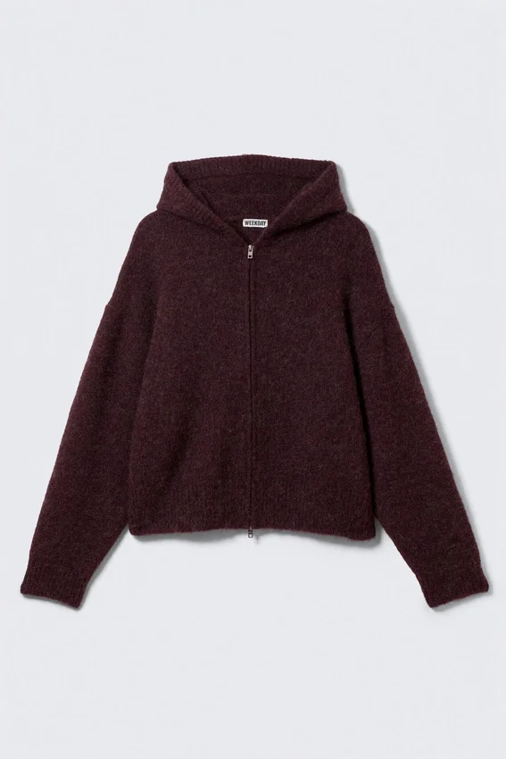 Knitted Boxy Wool-Blend Zip Hoodie – Dark Red Melange Knitted Boxy Wool-Blend Zip Hoodie – Dark Red Melange
