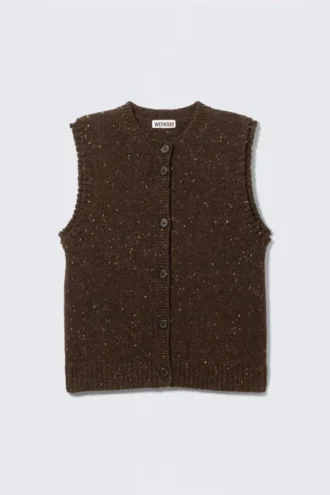 Knitted Buttoned Wool Blend Vest – Dark Brown Melange