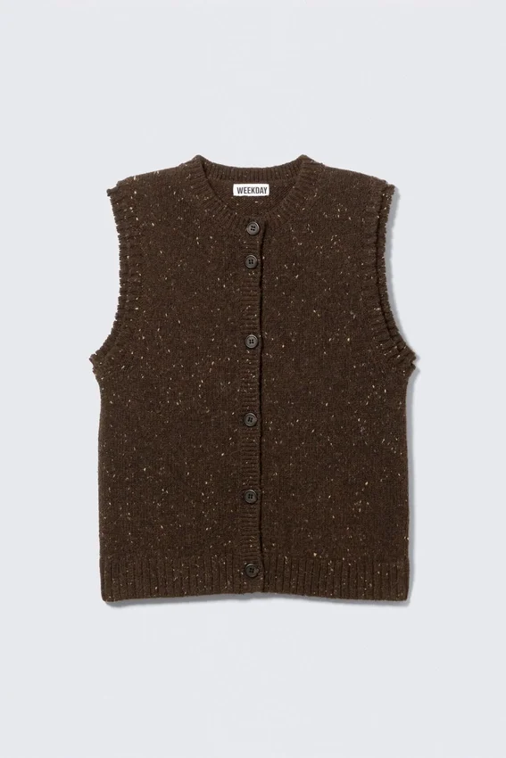Knitted Buttoned Wool Blend Vest – Dark Brown Melange Knitted Buttoned Wool Blend Vest – Dark Brown Melange