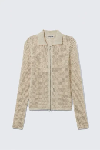 Knitted Cotton Zip Cardigan – Light Beige