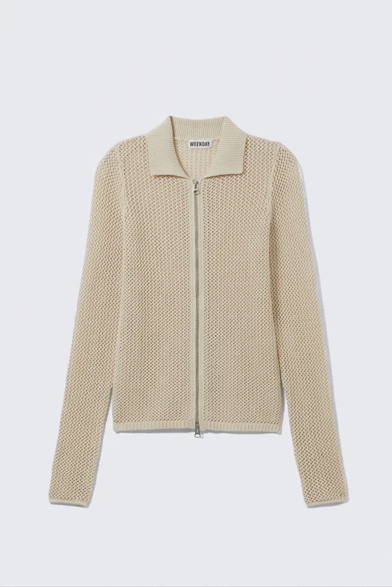 Knitted Cotton Zip Cardigan – Light Beige Knitted Cotton Zip Cardigan – Light Beige
