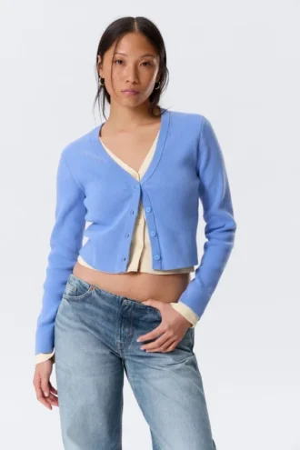 Knitted Double-Layered V-Neck Cardigan – Blue/Off-White Knitted Double-Layered V-Neck Cardigan – Blue/Off-White