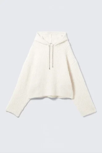Knitted Drawstring Hoodie – White