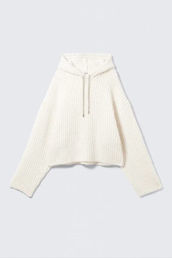 Knitted Drawstring Hoodie – White Knitted Drawstring Hoodie – White
