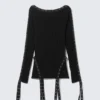 Knitted Eyelet Detail Boat-Neck Top – Black Knitted Eyelet Detail Boat-Neck Top – Black