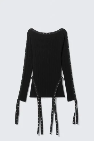 Knitted Eyelet Detail Boat-Neck Top – Black