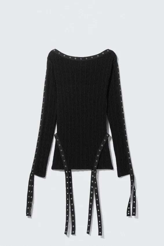 Knitted Eyelet Detail Boat-Neck Top – Black Knitted Eyelet Detail Boat-Neck Top – Black