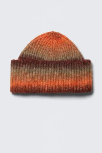 Knitted Fold-Up Ribbed Beanie – Bright Orange & Burgundy