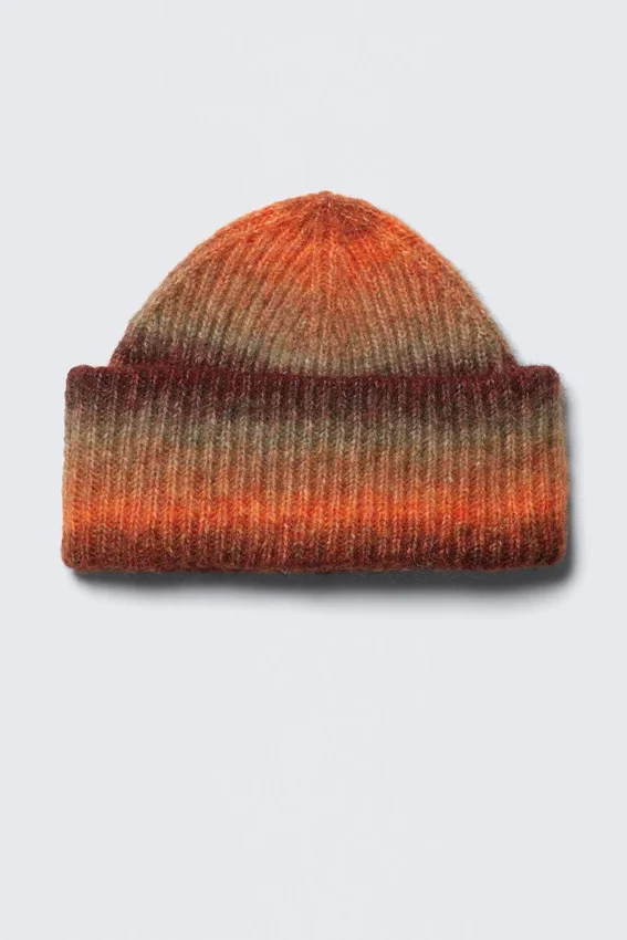 Knitted Fold-Up Ribbed Beanie – Bright Orange & Burgundy Knitted Fold-Up Ribbed Beanie – Bright Orange & Burgundy