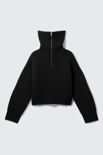 Knitted Funnel Neck Dual Zip Sweater – Black