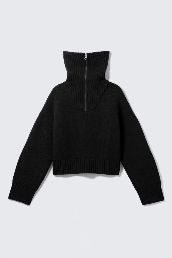 Knitted Funnel Neck Dual Zip Sweater – Black Knitted Funnel Neck Dual Zip Sweater – Black