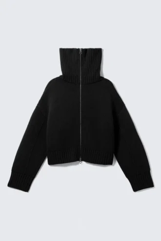 Knitted Funnel Neck Dual Zip Sweater – Black