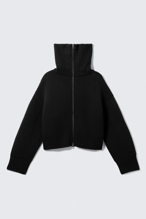 Knitted Funnel Neck Dual Zip Sweater – Black Knitted Funnel Neck Dual Zip Sweater – Black