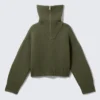Knitted Funnel Neck Dual Zip Sweater – Khaki Green Knitted Funnel Neck Dual Zip Sweater – Khaki Green
