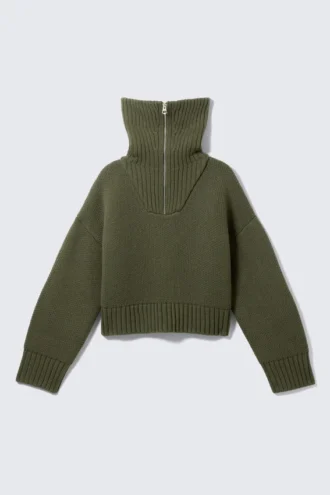 Knitted Funnel Neck Dual Zip Sweater – Khaki Green