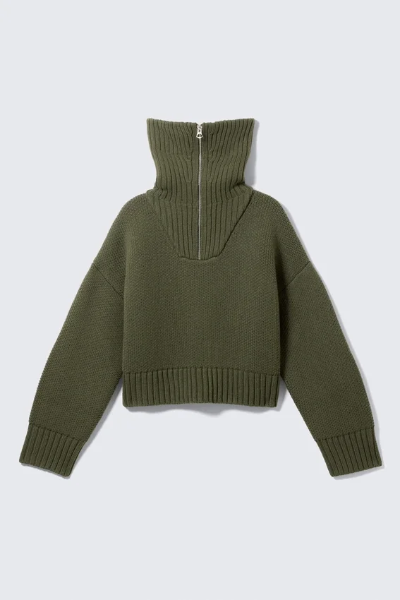 Knitted Funnel Neck Dual Zip Sweater – Khaki Green Knitted Funnel Neck Dual Zip Sweater – Khaki Green