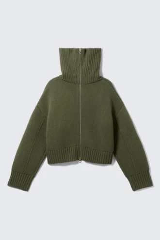 Knitted Funnel Neck Dual Zip Sweater – Khaki Green