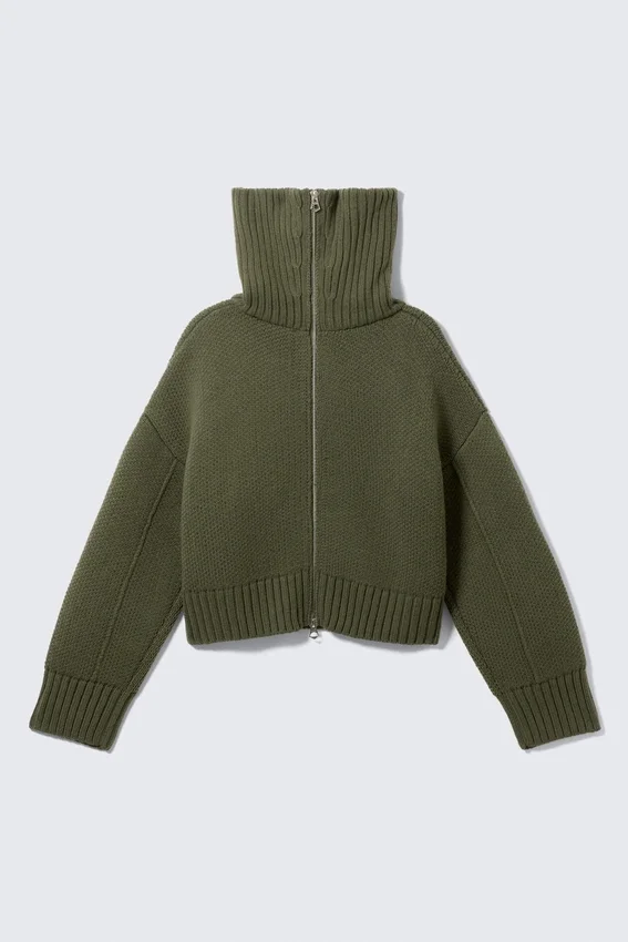 Knitted Funnel Neck Dual Zip Sweater – Khaki Green Knitted Funnel Neck Dual Zip Sweater – Khaki Green