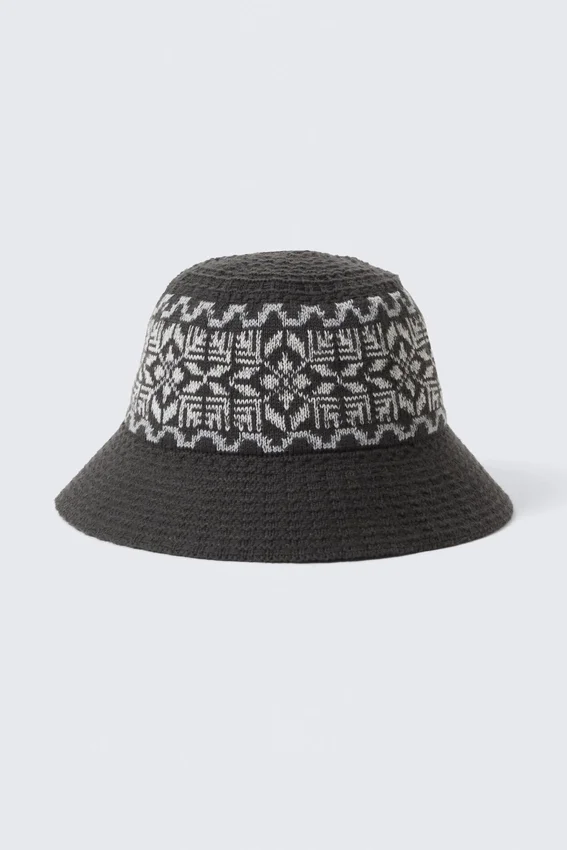 Knitted Jaquard Bucket Hat – Dark Brown Knitted Jaquard Bucket Hat – Dark Brown