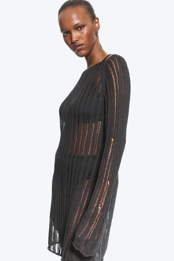 Knitted Long-Sleeved Dress – Dark Grey Knitted Long-Sleeved Dress – Dark Grey