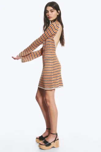 Knitted Open-Back Dress – Striped Orange