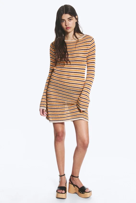 Knitted Open-Back Dress – Striped Orange Knitted Open-Back Dress – Striped Orange