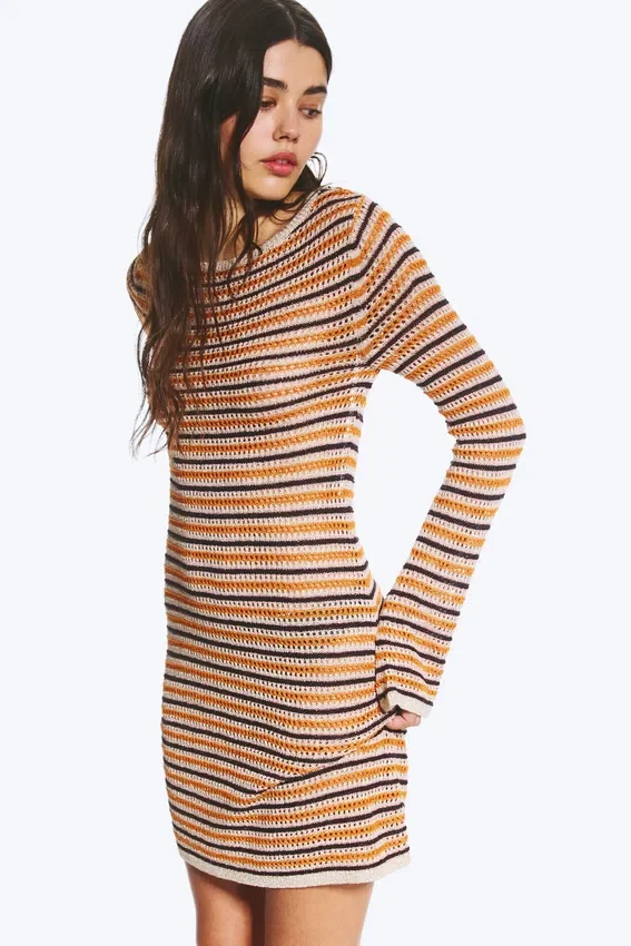 Knitted Open-Back Dress – Striped Orange Knitted Open-Back Dress – Striped Orange