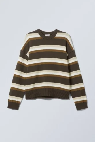 Knitted Oversized Boxy Cotton Sweater – Striped Brown