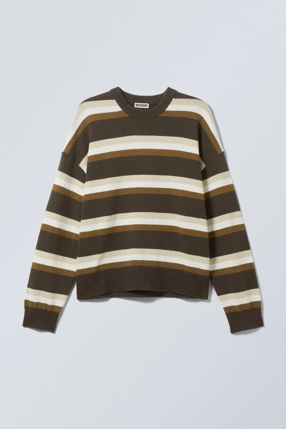 Knitted Oversized Boxy Cotton Sweater – Striped Brown Knitted Oversized Boxy Cotton Sweater – Striped Brown