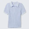 Knitted Short-Sleeved Cotton Polo Top – Light Blue – White Stripes Knitted Short-Sleeved Cotton Polo Top – Light Blue – White Stripes