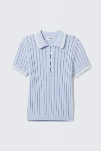 Knitted Short-Sleeved Cotton Polo Top – Light Blue – White Stripes