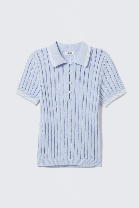 Knitted Short-Sleeved Cotton Polo Top – Light Blue – White Stripes Knitted Short-Sleeved Cotton Polo Top – Light Blue – White Stripes