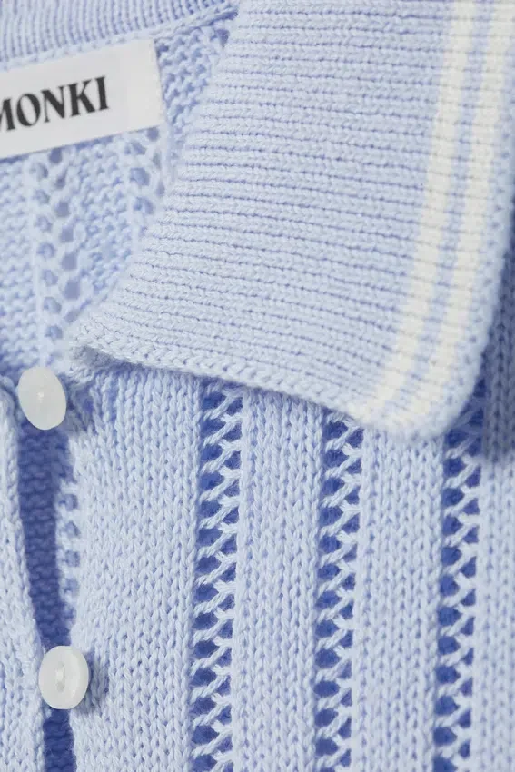 Knitted Short-Sleeved Cotton Polo Top – Light Blue – White Stripes Knitted Short-Sleeved Cotton Polo Top – Light Blue – White Stripes