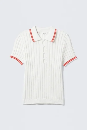 Knitted Short-Sleeved Cotton Polo Top – White – Red Stripes