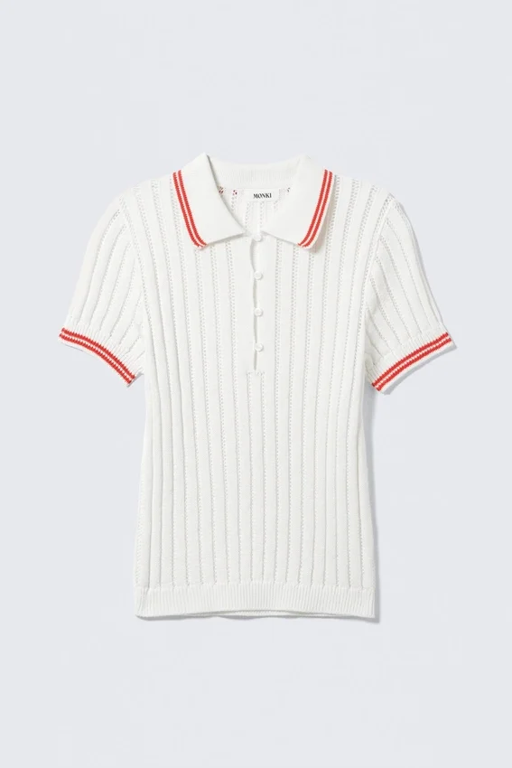 Knitted Short-Sleeved Cotton Polo Top – White – Red Stripes Knitted Short-Sleeved Cotton Polo Top – White – Red Stripes