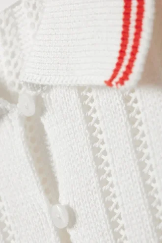 Knitted Short-Sleeved Cotton Polo Top – White – Red Stripes