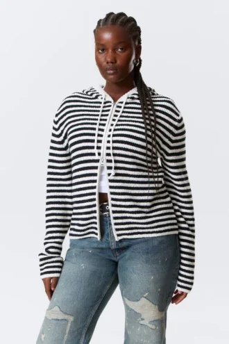 Knitted Slim Fit Zip Hoodie – Black & White Stripes