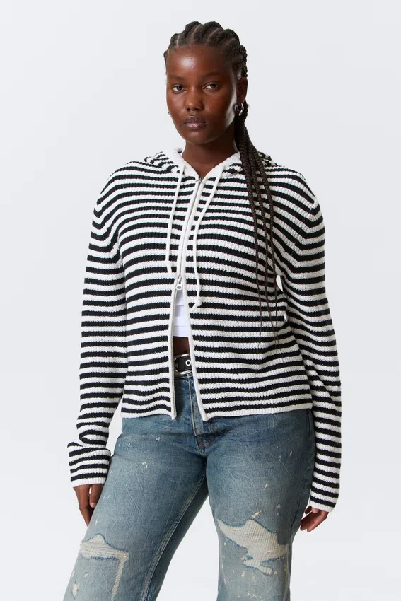 Knitted Slim Fit Zip Hoodie – Black & White Stripes Knitted Slim Fit Zip Hoodie – Black & White Stripes