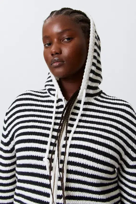 Knitted Slim Fit Zip Hoodie – Black & White Stripes Knitted Slim Fit Zip Hoodie – Black & White Stripes