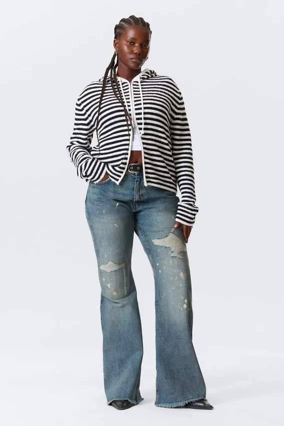Knitted Slim Fit Zip Hoodie – Black & White Stripes Knitted Slim Fit Zip Hoodie – Black & White Stripes