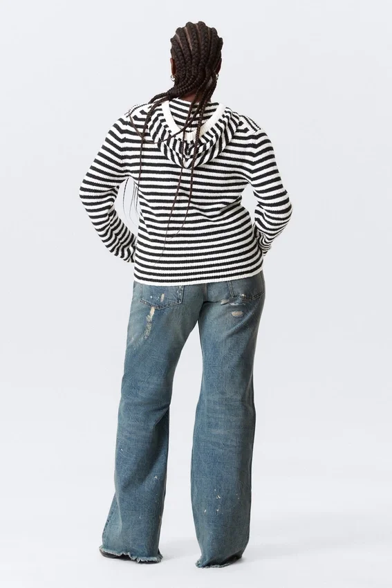 Knitted Slim Fit Zip Hoodie – Black & White Stripes Knitted Slim Fit Zip Hoodie – Black & White Stripes