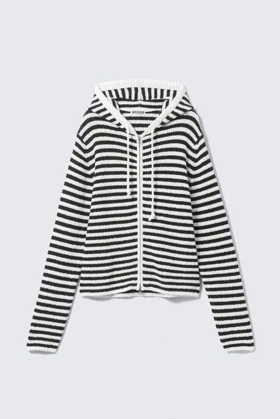 Knitted Slim Fit Zip Hoodie – Black & White Stripes Knitted Slim Fit Zip Hoodie – Black & White Stripes