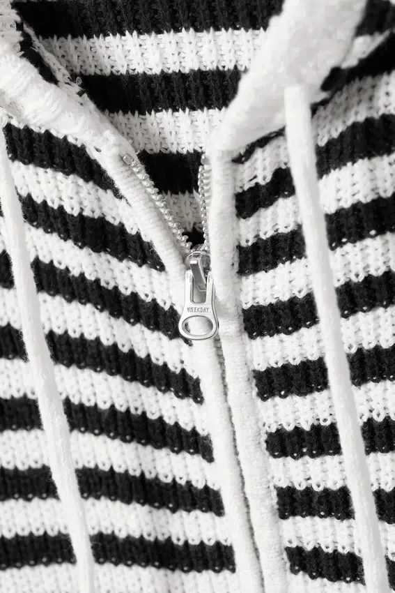 Knitted Slim Fit Zip Hoodie – Black & White Stripes Knitted Slim Fit Zip Hoodie – Black & White Stripes