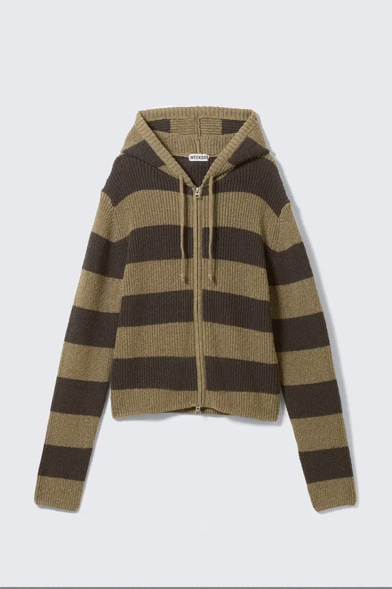 Knitted Slim Fit Zip Hoodie – Dark Mole & Brown Stripes Knitted Slim Fit Zip Hoodie – Dark Mole & Brown Stripes