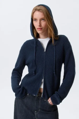 Knitted Slim Fit Zip Hoodie – Dark Navy Blue