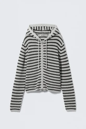 Knitted Slim Fit Zip Hoodie – Striped Grey Melange